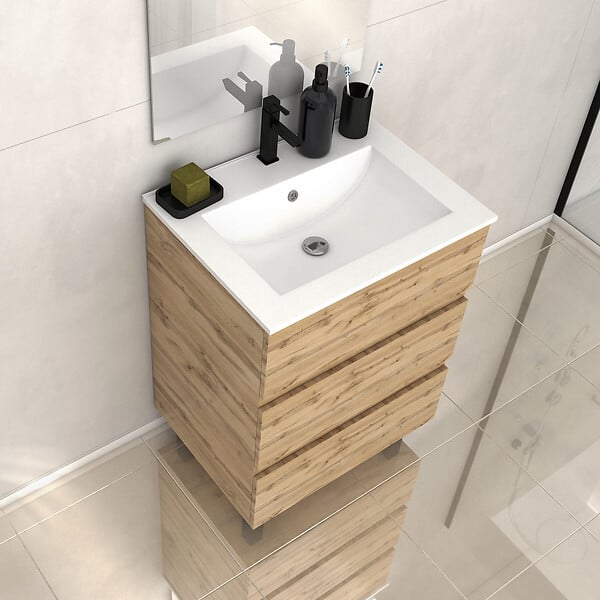 AURLANE - Meuble de salle de bains 60cm 3 Tiroirs_Chêne Naturel + Vasque céramique blanche - TIMBER 60 - large
