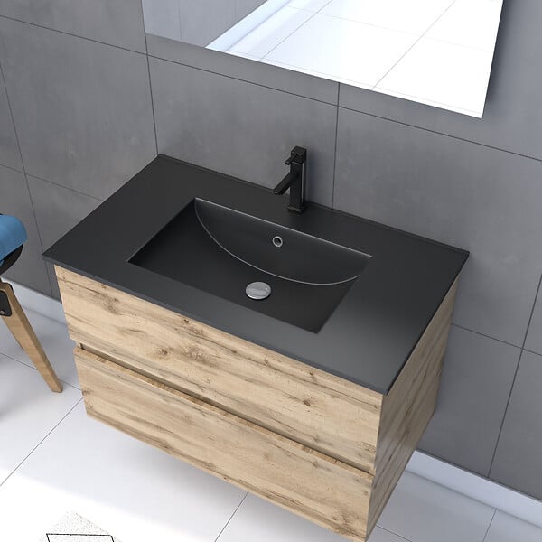 AURLANE - Meuble salle de bain 80x54 - Finition chene naturel + vasque noire + miroir Led - TIMBER 80 - Pack12 - large