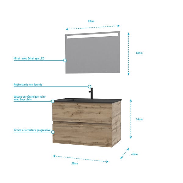 AURLANE - Meuble salle de bain 80x54 - Finition chene naturel + vasque noire + miroir Led - TIMBER 80 - Pack12 - large