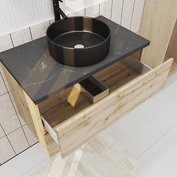AURLANE - Meuble salle de bains 80cm Chêne Naturel 2 Tiroirs - Plan Effet Marbre Noir + Vasque Ronde Noire - large
