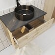 AURLANE - Meuble salle de bains 80cm Chêne Naturel 2 Tiroirs - Plan Effet Marbre Noir + Vasque Ronde Noire - vignette