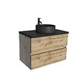 AURLANE - Meuble salle de bains 80cm Chêne Naturel 2 Tiroirs - Plan Effet Marbre Noir + Vasque Ronde Noire - vignette