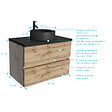 AURLANE - Meuble salle de bains 80cm Chêne Naturel 2 Tiroirs - Plan Effet Marbre Noir + Vasque Ronde Noire - vignette