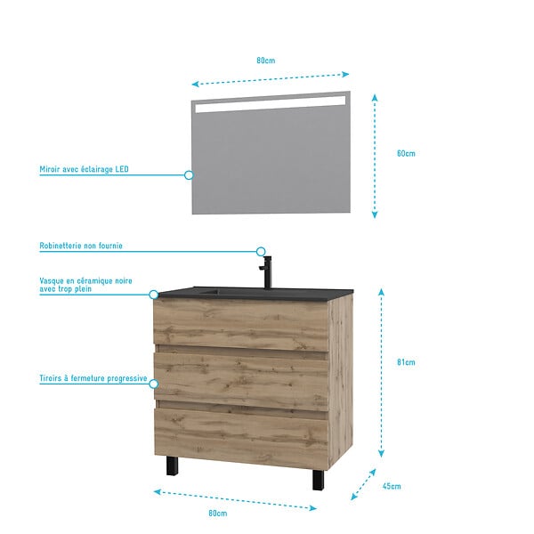 AURLANE - Meuble salle de bains 80cm décor chene naturel 3 tiroirs - Vasque noire et Miroir Led - TIMBER - large