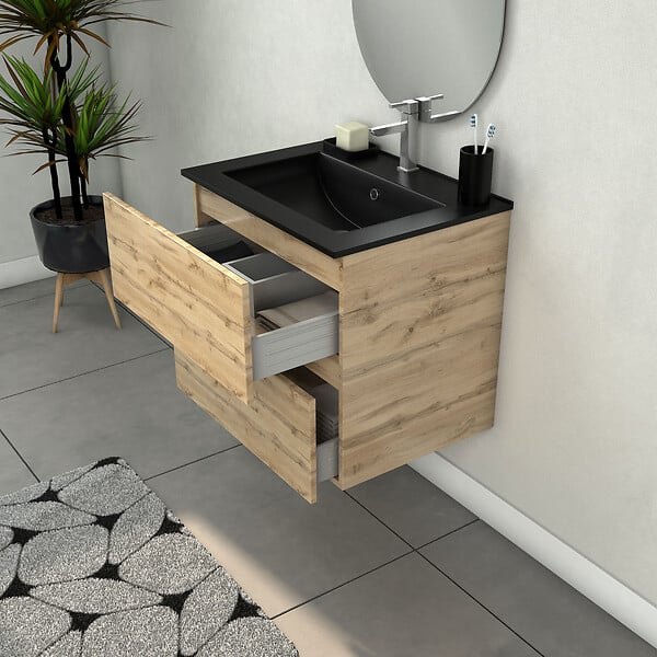 AURLANE - Meuble Salle de Bains 60cm 2 Tiroirs Chêne Naturel + Vasque Noire et Miroir Ovale - large
