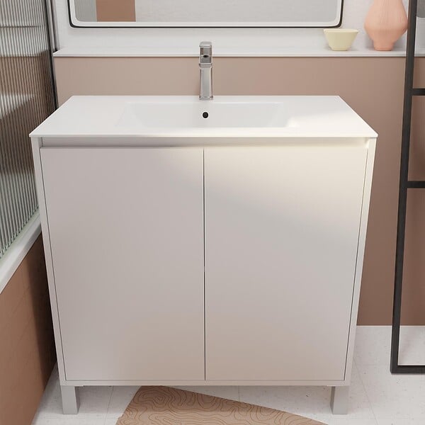 AURLANE - Pack Meuble Salle de Bains 80cm Laqué Blanc 2 Portes avec Vasque Céramique Blanche - XENOS - large