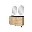 AURLANE - Meuble Salle de Bains 120cm 6 Tiroirs Chêne Naturel + Vasque Noire et Miroirs Ovales - vignette