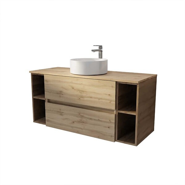 AURLANE - Meuble de salle de bains 120 cm TIMBER - Décor Chêne, 2 tiroirs, Vasque blanche à poser - large