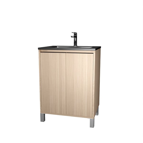 AURLANE - Meuble de salle de bains 60 cm 2 Portes Chêne Clair + Vasque Céramique Noire - XENOS - large