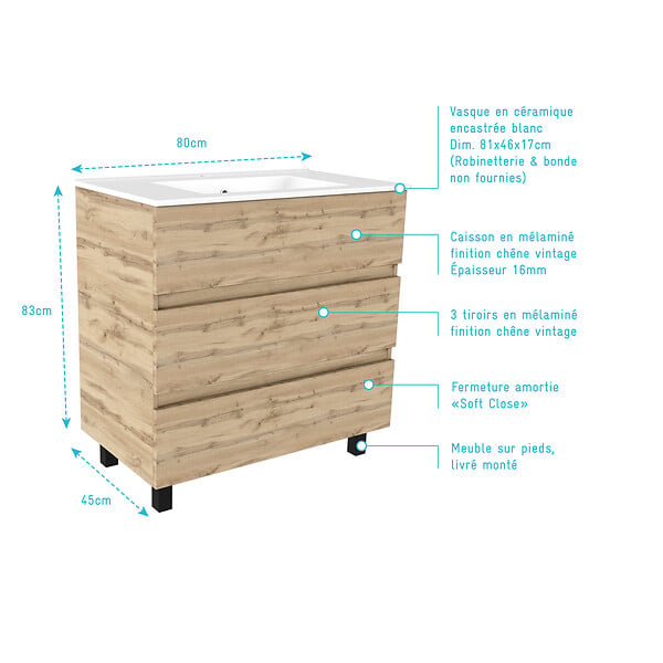 AURLANE - Meuble de salle de bains 80cm 3 Tiroirs_Chêne Naturel + Vasque céramique blanche - TIMBER 80 - large