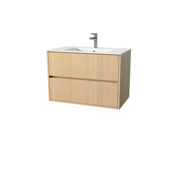 AURLANE - Pack Meuble Salle de Bains 80 cm Chêne Clair, 2 tiroirs avec Vasque Céramique - XENOS - large