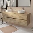 AURLANE - Meuble de salle de bains 160 TIMBER Décor Chêne - 4 Tiroirs - 2 Vasques Rondes Blanches - vignette