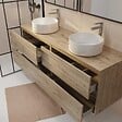 AURLANE - Meuble de salle de bains 160 TIMBER Décor Chêne - 4 Tiroirs - 2 Vasques Rondes Blanches - vignette
