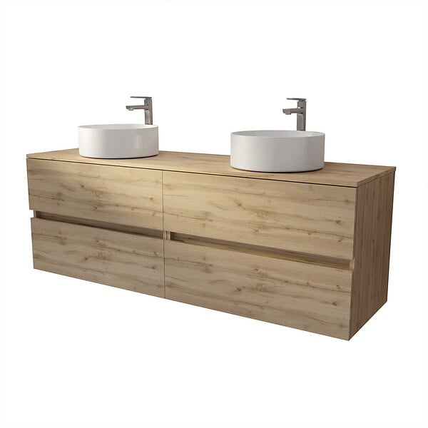AURLANE - Meuble de salle de bains 160 TIMBER Décor Chêne - 4 Tiroirs - 2 Vasques Rondes Blanches - large