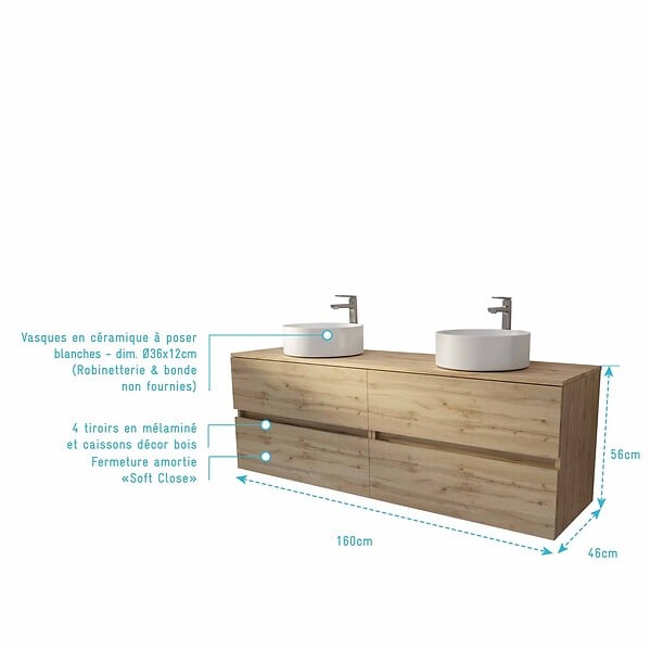 AURLANE - Meuble de salle de bains 160 TIMBER Décor Chêne - 4 Tiroirs - 2 Vasques Rondes Blanches - large