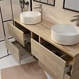 AURLANE - Meuble de Salle de Bains 140 TIMBER Décor Chêne 4 tiroirs et module - Vasques Blanches 36cm - vignette