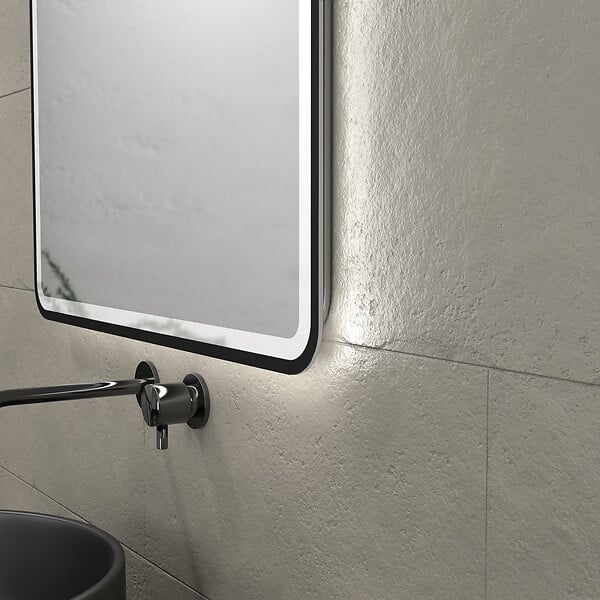 AURLANE - Meuble salle de bains 80 cm 2 tiroirs - Chêne et noir - Vasque ronde - Miroir Black Led - OMEGA - large
