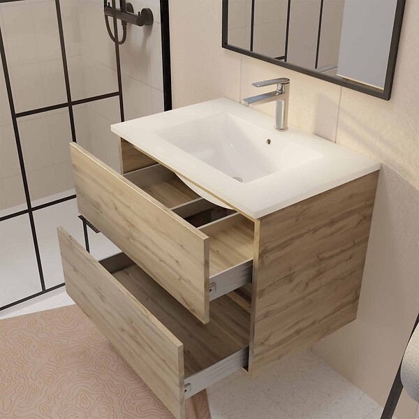 AURLANE - Meuble de salle de bains suspendu 70 cm TIMBER - Décor Chêne Naturel 2 tiroirs avec Vasque blanche - large
