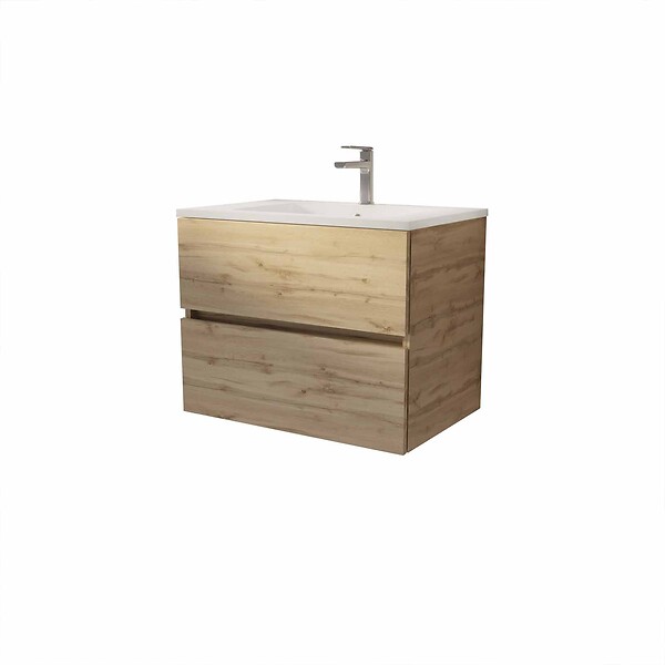 AURLANE - Meuble de salle de bains suspendu 70 cm TIMBER - Décor Chêne Naturel 2 tiroirs avec Vasque blanche - large