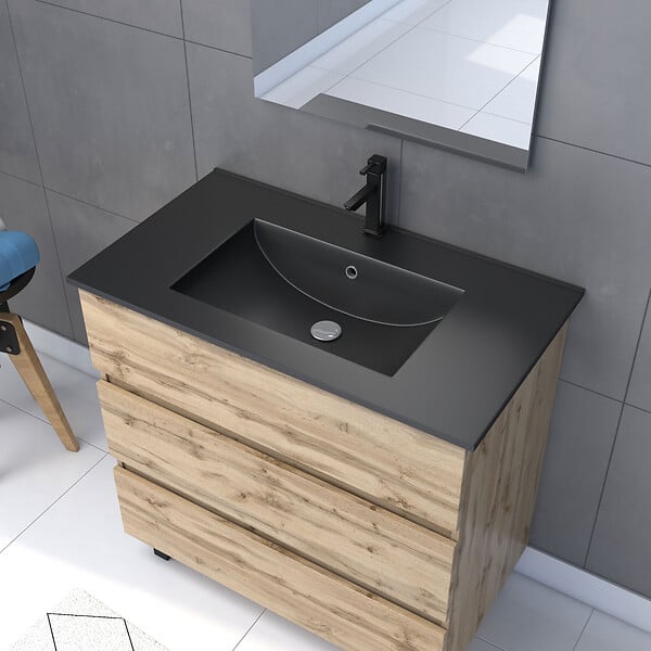 AURLANE - Meuble salle de bain 80x60 - Finition chene naturel + vasque noire + miroir Led - TIMBER 80 - Pack43 - large