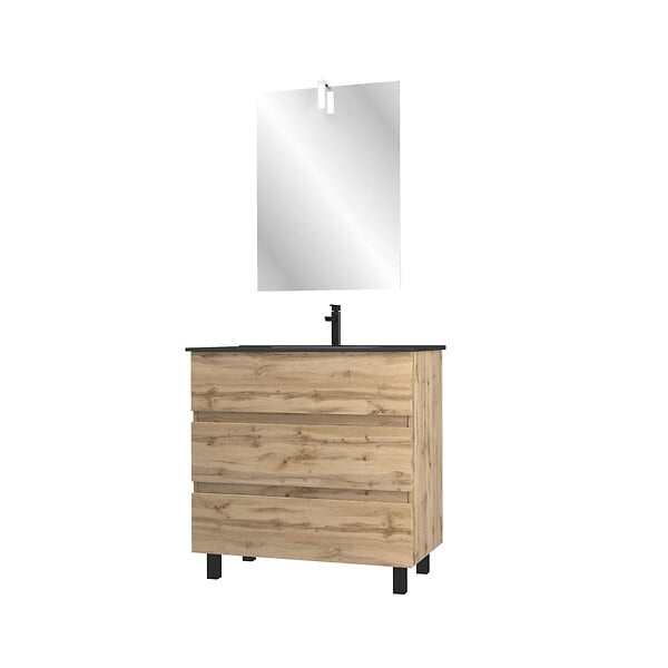 AURLANE - Meuble salle de bain 80x60 - Finition chene naturel + vasque noire + miroir Led - TIMBER 80 - Pack43 - large