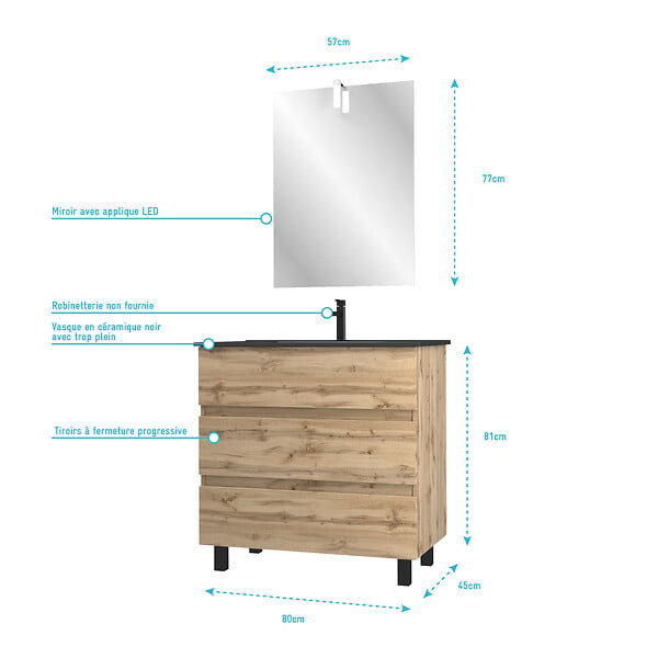 AURLANE - Meuble salle de bain 80x60 - Finition chene naturel + vasque noire + miroir Led - TIMBER 80 - Pack43 - large