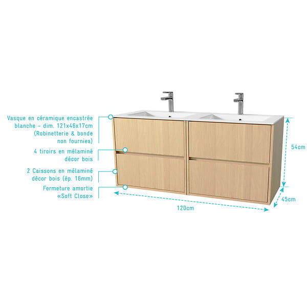 AURLANE - Pack Meuble Salle de Bains 120 cm Chêne Clair, 4 tiroirs avec Vasque Céramique - XENOS - large