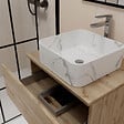 AURLANE - Meuble Salle de Bains 80cm 2 Tiroirs Chêne Naturel + Vasque Carrée 38x38x13cm Blanche Effet Marbre - vignette