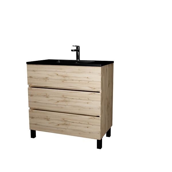 AURLANE - Meuble de salle de bains 80 cm 3 Tiroirs Chêne Naturel + Vasque Céramique Noire - TIMBER - large