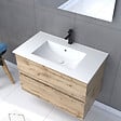 AURLANE - Pack Meuble SDB 80cm suspendu 2 tiroirs Chene_Vasque blanche + Miroir Led - TIMBER 80_Pack36 - vignette