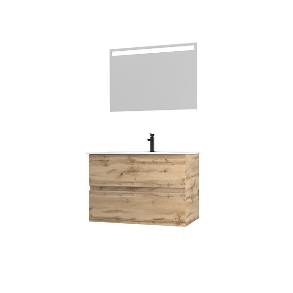 AURLANE - Pack Meuble SDB 80cm suspendu 2 tiroirs Chene_Vasque blanche + Miroir Led - TIMBER 80_Pack36 - large