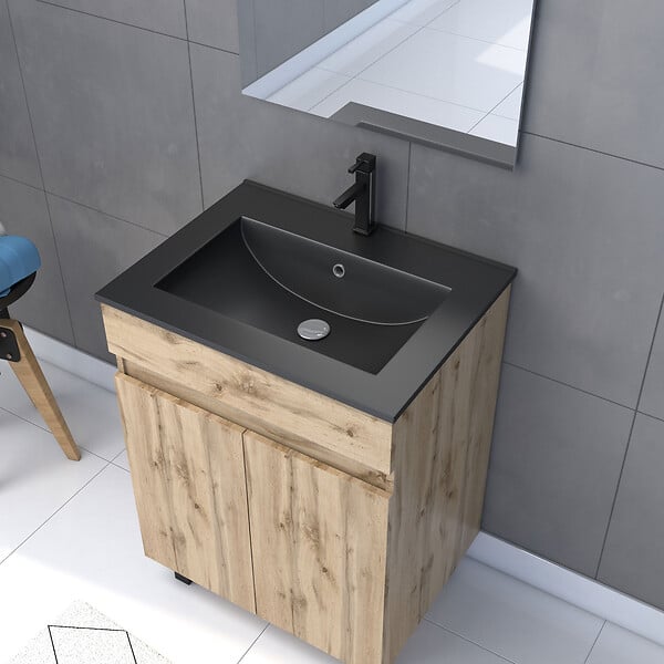 AURLANE - Meuble salle de bain 60x80 - Finition chene naturel + vasque noire + miroir Led - TIMBER 60 - Pack19 - large