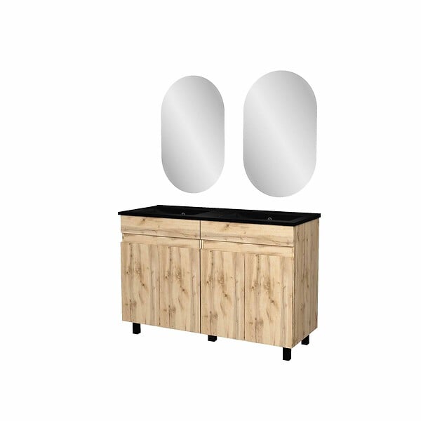 AURLANE - Meuble Salle de Bains 120cm 4 Portes Chêne Naturel + Vasque Noire et Miroirs Ovales - large