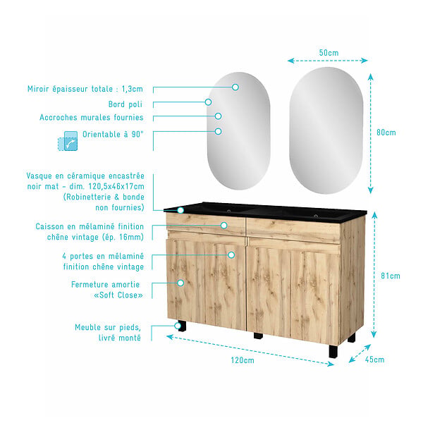 AURLANE - Meuble Salle de Bains 120cm 4 Portes Chêne Naturel + Vasque Noire et Miroirs Ovales - large