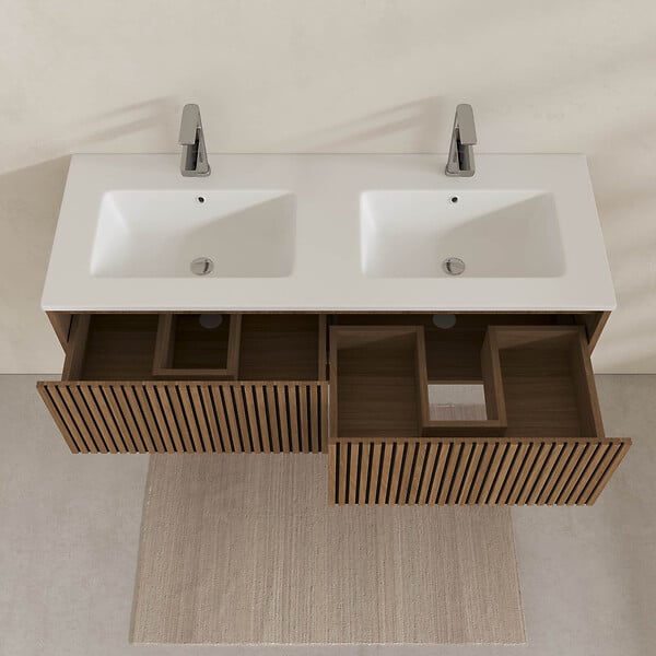 AURLANE - Meuble Salle de Bains YUKI 120 2 Tiroirs Décor Chêne et Noir - Vasque Blanche - Miroirs Ovales 50x80 - large