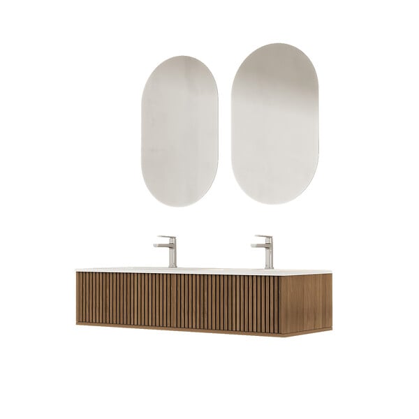 AURLANE - Meuble Salle de Bains YUKI 120 2 Tiroirs Décor Chêne et Noir - Vasque Blanche - Miroirs Ovales 50x80 - large