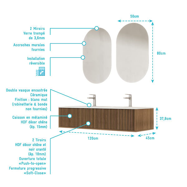 AURLANE - Meuble Salle de Bains YUKI 120 2 Tiroirs Décor Chêne et Noir - Vasque Blanche - Miroirs Ovales 50x80 - large