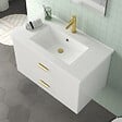 AURLANE - Meuble Salle de Bains 80 cm Laqué Blanc et Or Doré à Tiroirs avec Vasque Céramique et Miroir - vignette