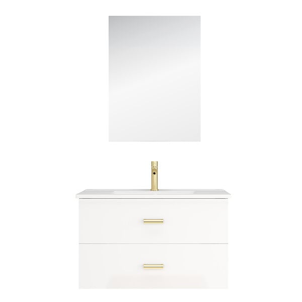 AURLANE - Meuble Salle de Bains 80 cm Laqué Blanc et Or Doré à Tiroirs avec Vasque Céramique et Miroir - large