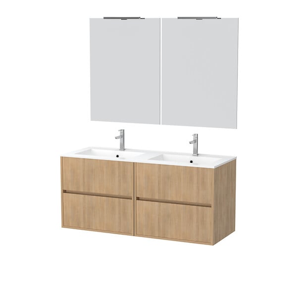 AURLANE - Meuble Salle de Bains 120 cm Chêne Clair 4 Tiroirs, Vasque, Miroirs 60x80 et Réglettes Led - XENOS - large