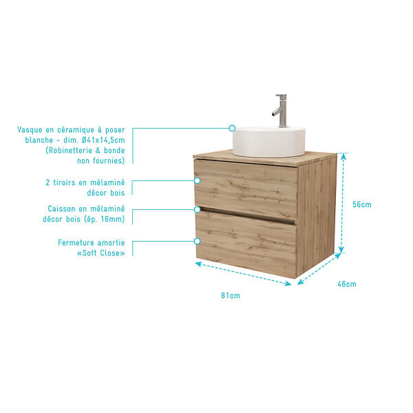 AURLANE - Meuble Salle de Bains 80cm 2 Tiroirs Chêne Naturel + Vasque Ronde Diamètre 41cm en Céramique Blanche - large