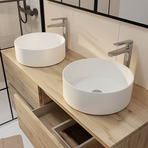 AURLANE - Meuble Salle de Bains 120cm 4 Tiroirs Chêne Naturel - 2 Vasques Rondes 36cm en Céramique Blanche - large