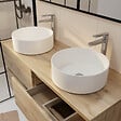 AURLANE - Meuble Salle de Bains 120cm 4 Tiroirs Chêne Naturel - 2 Vasques Rondes 36cm en Céramique Blanche - vignette