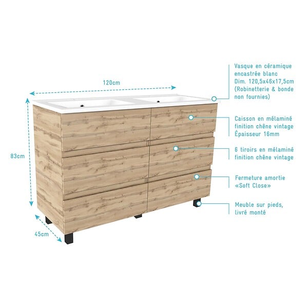 AURLANE - Meuble de salle de bains 120cm 6 Tiroirs_Chêne Naturel + Vasque céramique blanche - TIMBER 120 - large