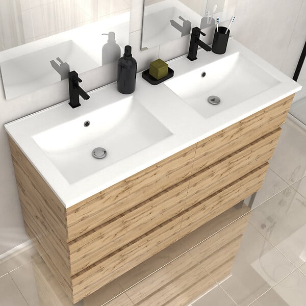 AURLANE - Meuble de salle de bains 120cm 6 Tiroirs_Chêne Naturel + Vasque céramique blanche - TIMBER 120 - large
