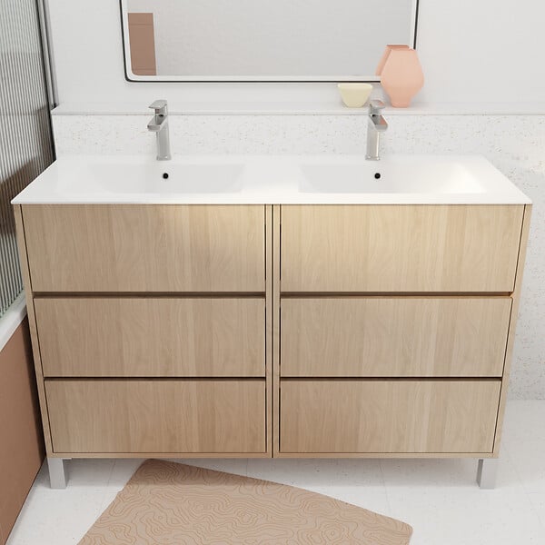 AURLANE - Pack Meuble Salle de Bains 120 cm Chêne Clair, 6 tiroirs avec Vasque Céramique - XENOS - large