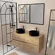 AURLANE - Meuble Salle de Bains 120cm 4 Tiroirs Chêne Naturel, 2 Vasques Noires Ø36cm et 2 Miroirs 55x75 cm - vignette