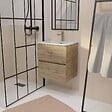 AURLANE - Meuble de salle de bains 50 cm TIMBER - Décor Chêne Naturel 2 tiroirs avec Vasque blanche - vignette