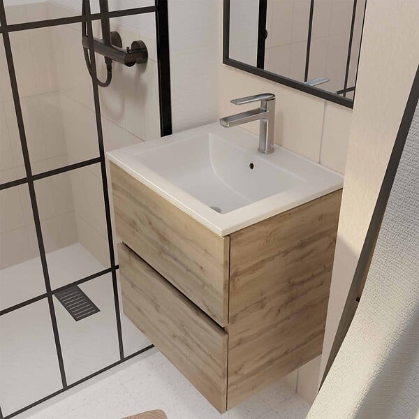 AURLANE - Meuble de salle de bains 50 cm TIMBER - Décor Chêne Naturel 2 tiroirs avec Vasque blanche - large