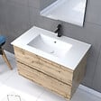 AURLANE - Pack Meuble SDB 80cm suspendu 2 tiroirs Chene_Vasque blanche + Miroir Led - TIMBER 80_Pack37 - vignette